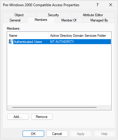 Default membership in the Pre-Windows 2000 Compatible Access group in newly deployed Active Directory domain on Windows 2025 Server