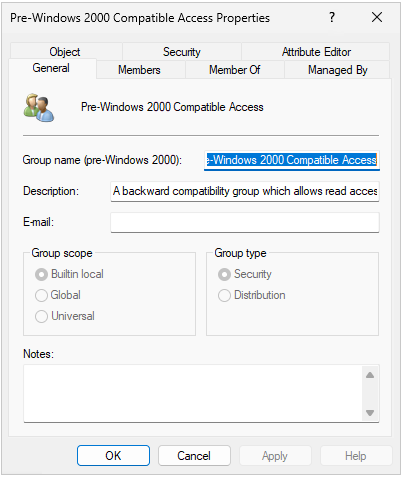Description of the pre-Windows 2000 compatible access group does not hide its purpose