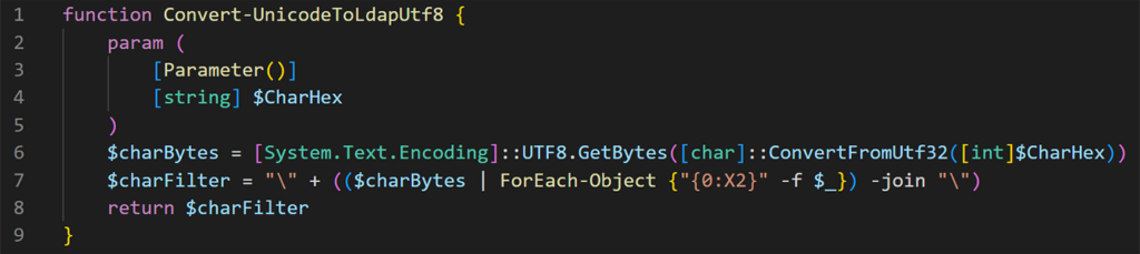 La función Convert-UnicodeToLdapUtf8, basada en el RFC 4515