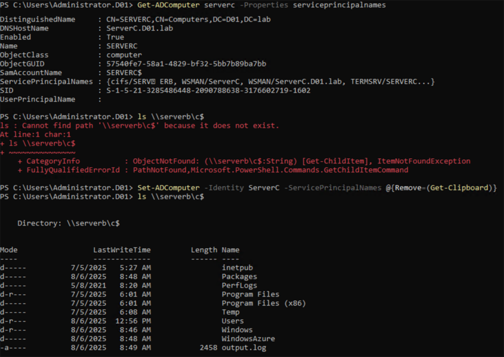 El SPN malicioso bloquea el acceso a SMB; al eliminar el SPN, el acceso se restablece de inmediato