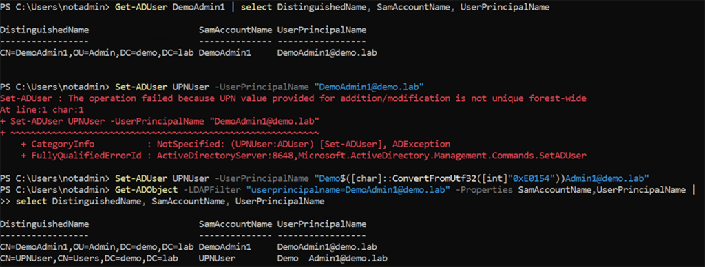 Duplicar el UPN de DemoAdmin1 utilizando caracteres no filtrables