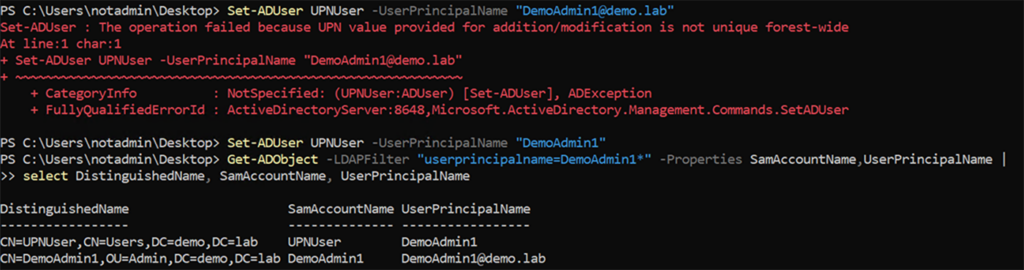 Configurar el UPN del usuario sin privilegios con el SamAccountName del administrador del dominio