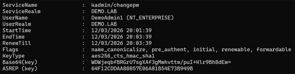 Se devuelve un TGT para DemoAdmin1 con el tipo de nombre NT-ENTERPRISE