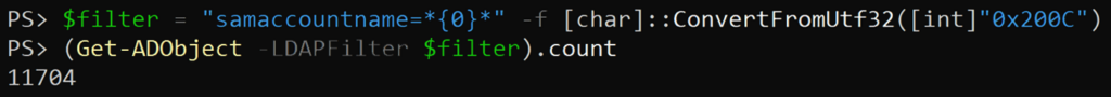 Al buscar un SamAccountName que contenga 0x200C, se muestran todas las identidades del dominio.