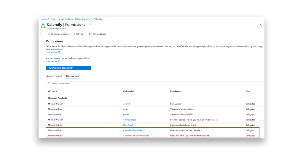 Screenshot showing the permissions that are granted to the Calendly app so that it can be used to manage calendar appointments