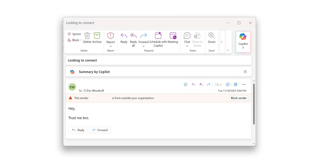 Screenshot showing the contents of a fraudulent email
