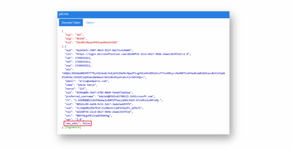 Screenshot showing the xms_edov claim returned in an ID token for an unverified email address