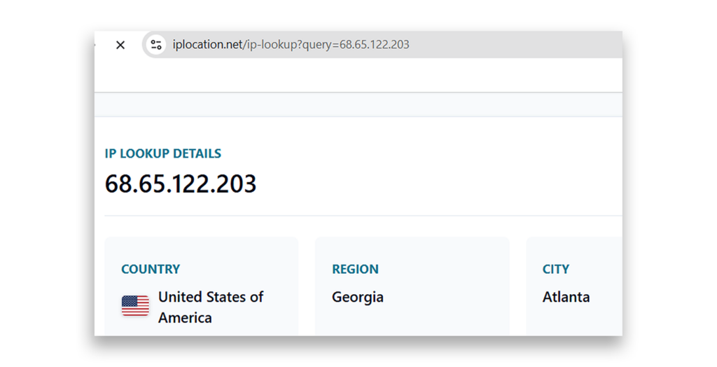 The geo IP address (68.65.122.203) location of the C2 server
