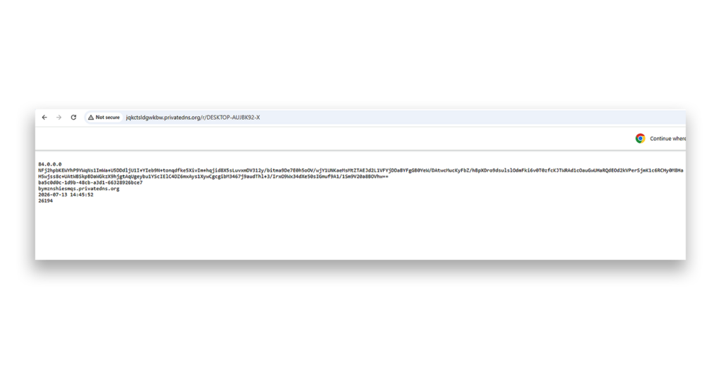 Log of victim exfiltration’s by Tornado second-stage malware from July 2026, including masked IP, RSA key, victim’s machine GUID, C2 domain name, and time of exfiltration