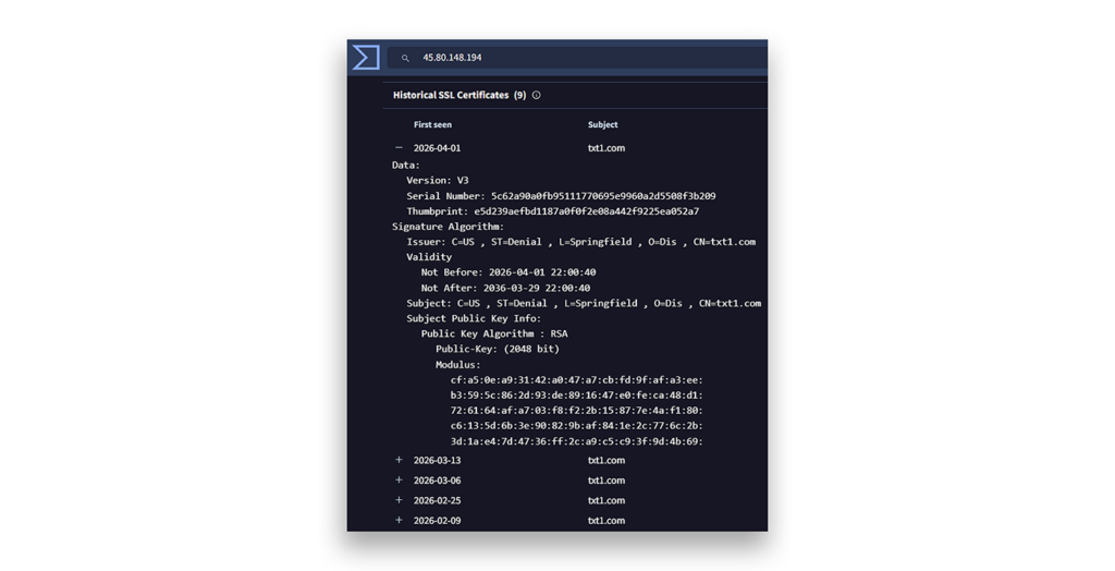 Virustotal.com SSL certificate created on April 1, 2026, for the C2 server