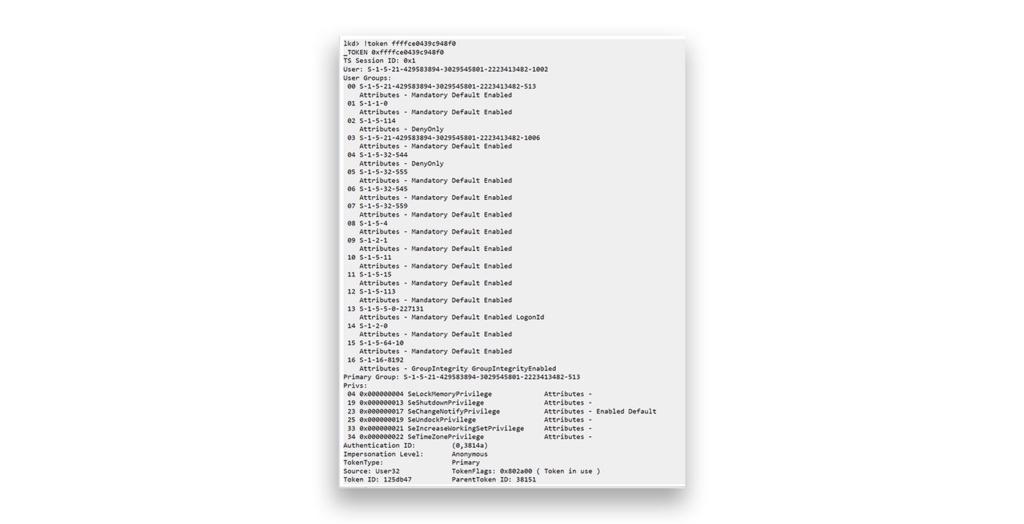 Funcionamiento interno del token de acceso de Windows mostrado a través de WinDbg
