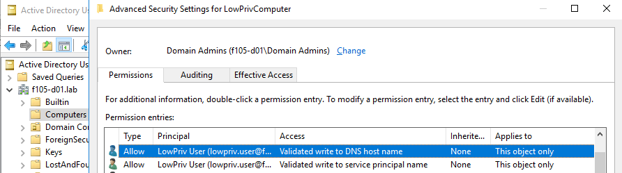 Validated to write to DNS host name permission